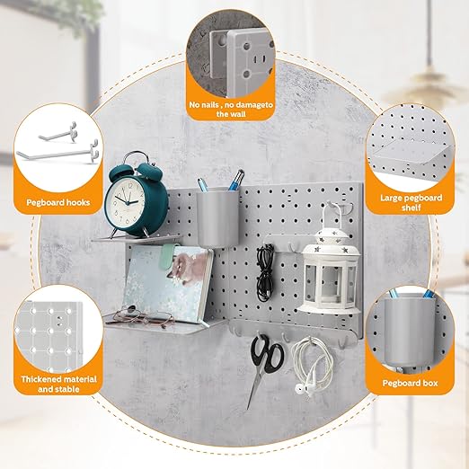 Chunful 58 Pcs Pegboard Organizer Kits Plastic Pegboard Wall Panel Mount Display Accessories Include Storage Boards Buckets and Hooks for Craft Room Garage Kitchen Office(Gray)