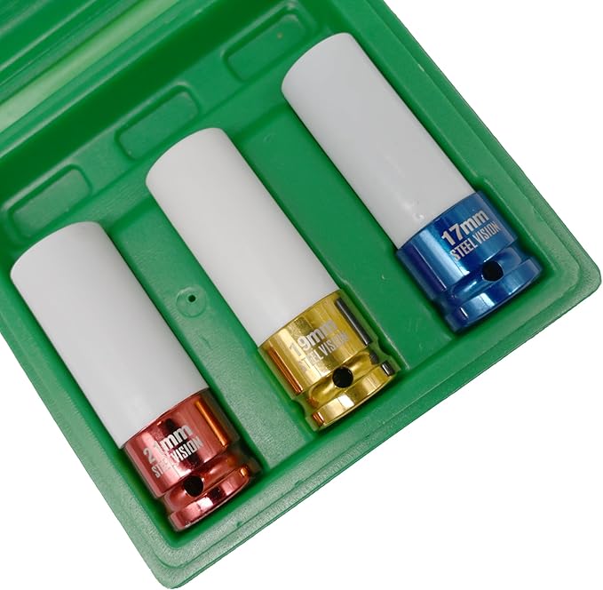Steel Vision Tools 1/2" Drive Lug Nut Impact Socket Set, 3PC Metric (17mm, 19mm, 21mm)，Cr-Mo Alloy Wheel Socket Set, Color-Coded Impact Socket Set for Automotive, Tire & Wheel Maintenance
