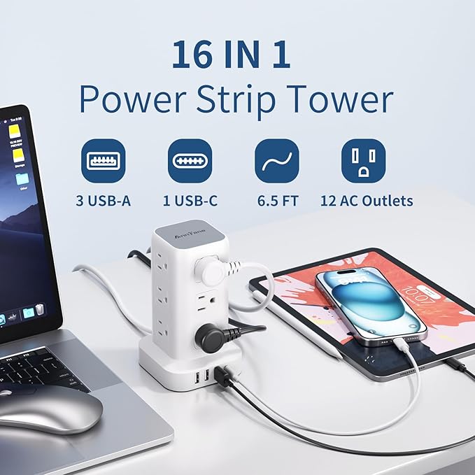 AnnTane Surge Protector Power Strip 6.5 FT Cord, Power Strip Tower with 4 USB Ports (1USB C), Extension Cord with 12 AC Multiple Outlets, Home Office Supplies Desk Accessories, Dorm Room Essentials