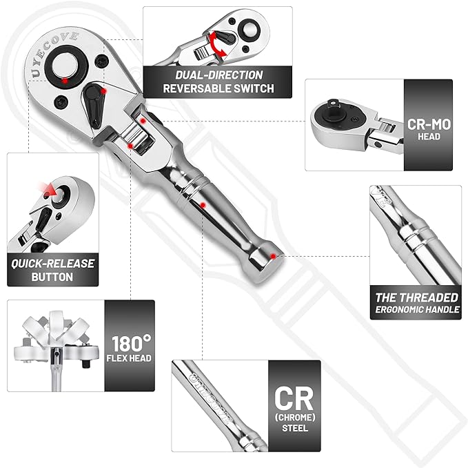 1/2 3/8 1/4 Inch Drive Stubby Ratchet Set, Flex Head Ratchet Set Stubby Ratchet Wrench Set, 72 Tooth Quick Release Swivel Head Ratchet Cr-Mo Head Socket Wrench Flexible Ratchet Handle