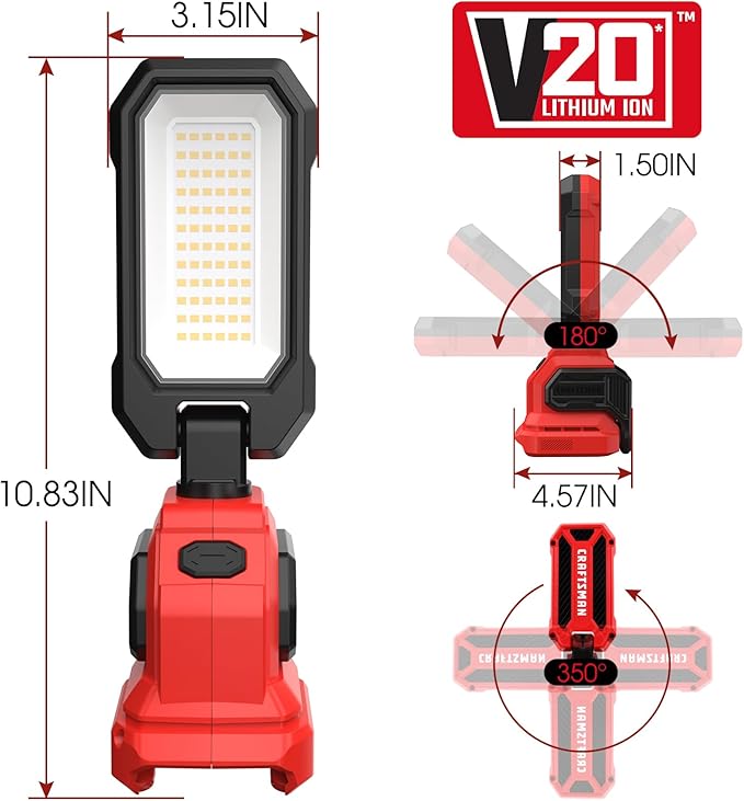 CRAFTSMAN V20 6500K LED Rechargeable Work Light, 2000LM &1000LM 2 Brightness Settings, Hook and Clamp for Multiple Mounting Options, Cordless, Battery Not Included
