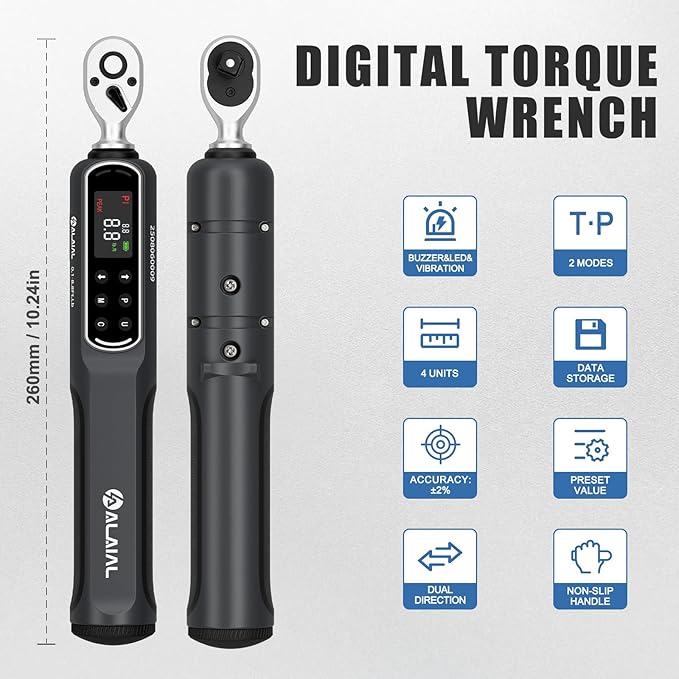 1/4 Drive Digital Torque Wrench, 0.1-8.8 Ft.Lb/0.2-12 Nm Drive Dual Direction Rachet Torque Wrench with Vibration, Buzzer and LED Alert, Electronic Torque Wrench for Bike Motorcycle Car Repair