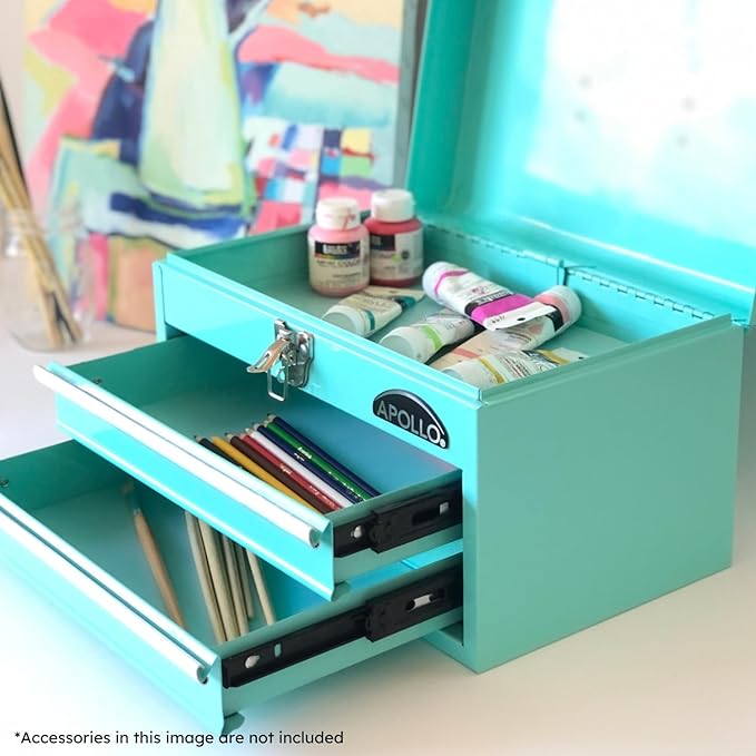 Apollo Tools 14 Inch Steel Tool Box with Deep Top Compartment and 2 Drawers in Heavy-Duty Steel With Ball Bearing Opening and Powder Coated Finish - Aqua Green - DT5010-GR