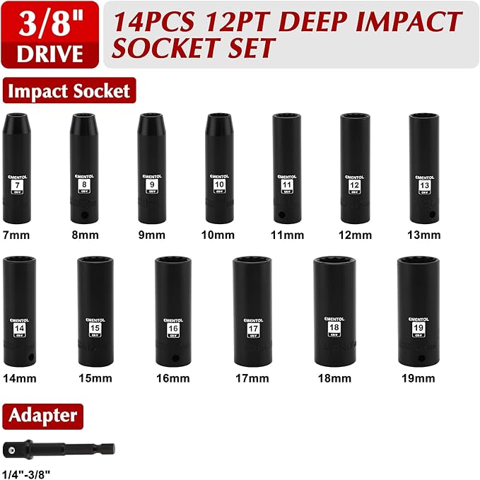 EMENTOL 14PCS 3/8"Dr. Deep Impact Socket Set, Metric, 12-Point, CR-V, 14 Pieces 3/8-Inch Drive Deep Socket Set, 7mm - 19mm