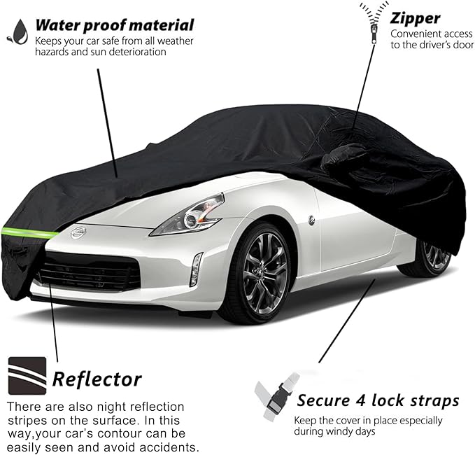 YIXIN Waterproof Car Covers for 2009-2026 Nissan 370Z / 370Z Nismo Car Cover 190T Covers Customer Fit 100% Waterproof Windproof Strap & Double Door Zipper Up to 174” L