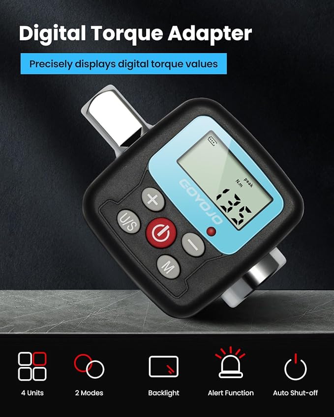 GOYOJO Digital Torque Wrench Adapter, 4-135Nm (2.95-99.6 ft-lb) Electronic Torque Converter with Digital Display, 1/2", 1/4", 3/8" Adapters for Motorcycles, Engine Maintenance, and Versatile DIY Use