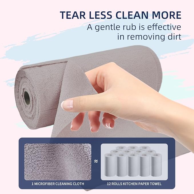 & PLUSH Microfiber Cleaning Cloth Roll - 50 Pack, Tear Away Microfiber Towels, 12" x 12", Reusable, Washable, Streak Free, Ultra Absorbent Dish Rags for Car, Home, Garage or Shop (Grey)