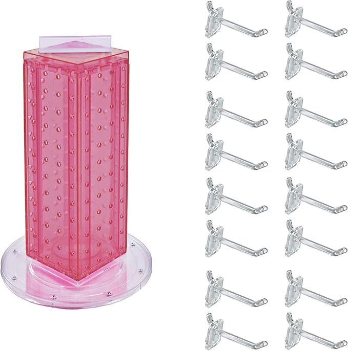 Azar Displays 700220-PNK-2C16 Four-Sided 4”W x 12” Revolving Pegboard Tower Kit Counter Display with 16-Pack of 2 inch Locking Hooks, Pink