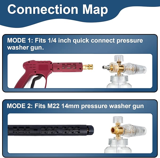 Foam Cannon for Pressure Washer, Snow Clear Foam Cannon for Car Wash, Stainless Steel Filter, Adjustable Nozzle with M22 and 1/4 Inch Quick Connect, Additional 1.1 mm Orifice Nozzle
