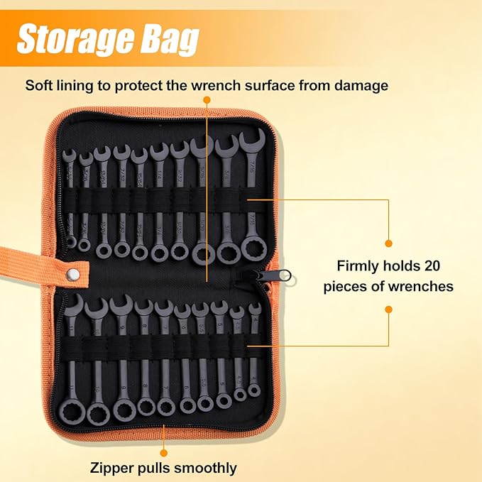 Mini Wrench Set Metric and SAE 20-Piece Ignition Wrench Set, 4mm-11mm & 5/32"-7/16" Open End and Box End Combination Wrench Kit Super Thin Small Spanner with Zipper Bag and Key Ring, Black