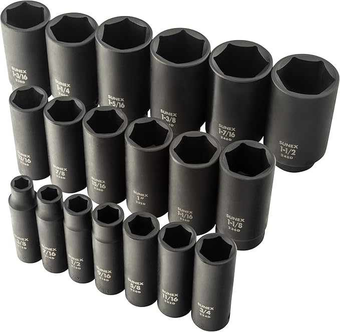 SUNEX TOOLS 2641, 1/2 Inch Drive Deep Impact Socket Set, 19-Piece, SAE, 3/8" - 1-1/2", Cr-Mo Alloy Steel, Radius Corner Design, Dual Size Markings, Heavy Duty Storage Case