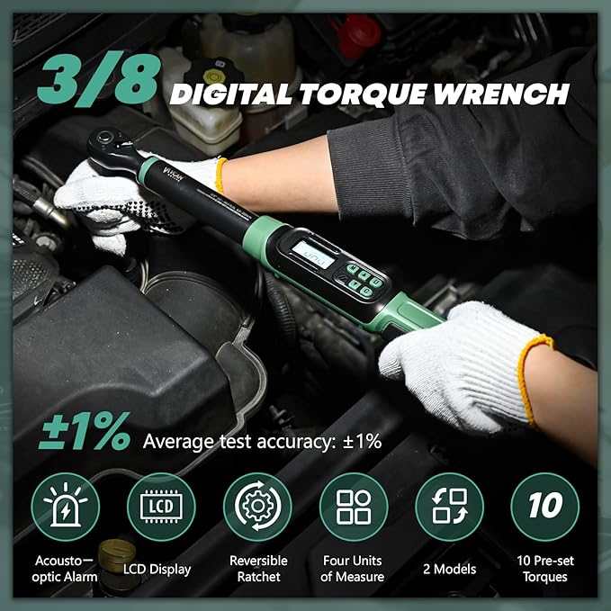 3/8 Torque Wrench Digital (5.02-99.6 Ft.Lb) ±1% Average test accuracy Digital Tire Torque Wrench 3/8 Drive|Digital Torque Wrench Set with Buzzer and Colorful LED Indicator&Track Mode for Moto Auto Car