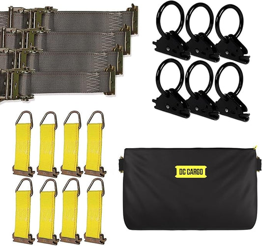E Track Accessories TieDown Kit - (4) 2"x16" Ratchet Straps, (8) TieOffs, (6) O Rings, (1) Etrack Cargo Bag. Ideal TieDown Accessories Bundle for Trucks, RVs, Bikes, Trailers, Boats - DC Cargo Mall