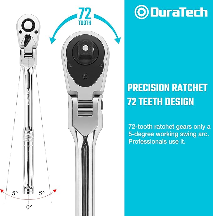 DURATECH 1/2" Drive Flex-Head Ratchet, 72-Tooth Ratchet Wrench, Quick-release, Reversible Switch, Full-Polished Chrome Plating, Alloy Steel