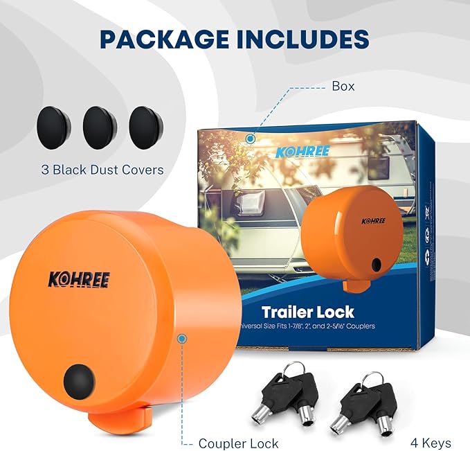 Kohree Trailer Coupler Lock, Heavy Duty Hitch Lock Fits 2-5/16", 2" Couplers, RV Trailer Lock, Durable Steel Tongue Lock with Keys, Orange