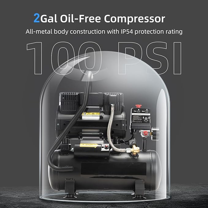 Air Compressor, 2.0 Gallon, 1.0 HP Oil Free, Max 115 PSI, 65dB Ultra Quiet, for Auto Repair, Tire Inflation, Spray Painting, Woodwork Nailing