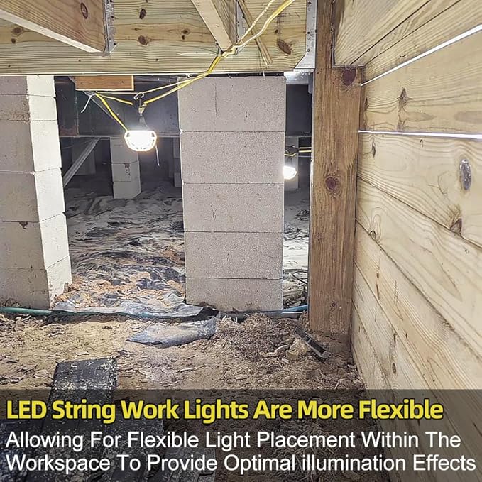 Owleye 50FT Construction String Lights, 85W 8000ML Led String Work Light, Temporary Utility Rope Lighting, 120V, 6 Bulbs, 1 Pack for Crawl Space, Basement
