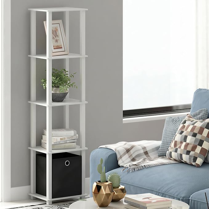 Furinno Turn-N-Tube Book Shelf, 5-Tier Square Open Frame Display Shelf, Corner Storage Shelves with Storage Bin, Shelving Unit, for Organization, Living Room, Garage, Home Office, White