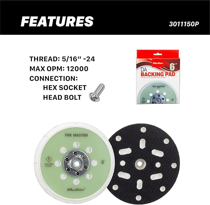 Maxshine 6" Universal Dual Action Backing Plate Pro Series – Hook & Loop, 5/16" Thread, 8 Vented Holes – Fits DA Polishers Up to 12,000 OPM – Sand, Polish, Buff & Finish – Detailing Accessory