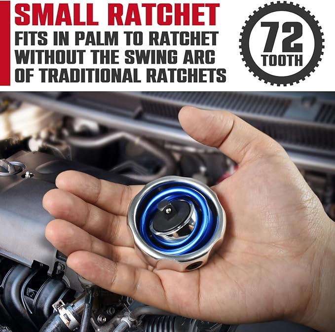 CROM Gimbal Palm Ratchet – 72-Tooth, Two-Axis, Reversible Finger Ratchet for Tight Spaces, Anodized Finish, Compact for One-Handed Control (1/4-Inch Drive)