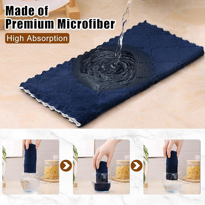 Mordimy 18 Pack Kitchen Cloths Dish Towels (10" x 10", Navy Blue & White), Super Soft and Absorbent Dish Cloths, Coral Velvet Microfiber Cleaning Cloth, Nonstick Oil Fast Dry Dishcloths