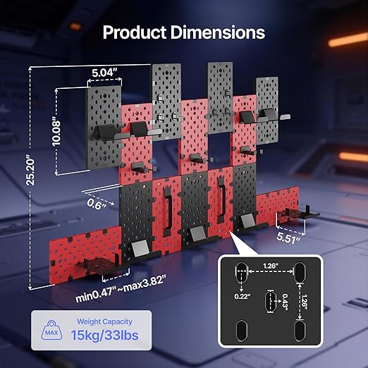 PEGZONE 14 PCS Controller and Headphone Holder Wall Mount, Modular Gaming Pegboard with Accessories, Video Game Storage, Disc Shelf, 14pcs Pegboard, Black & Red