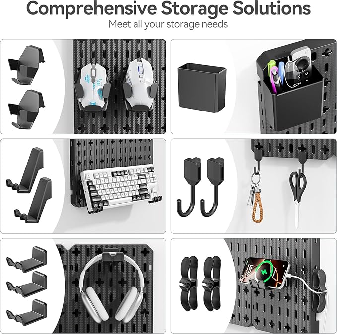 KDD Keyboard and Mouse Display Stand Holder, Wall Mount Office Organization Pegboard Combination Kit with Pen holder, Hooks, Headset & Controller Stand for Office & Home Hanging Organizer Storage