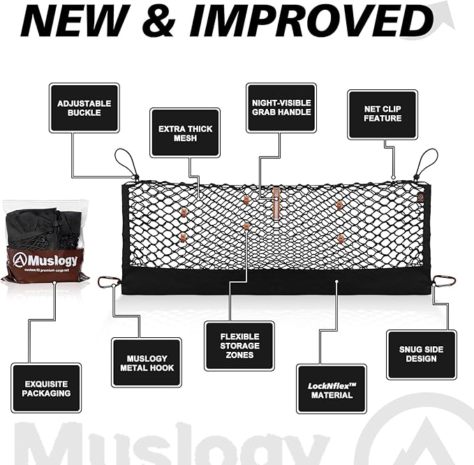 Muslogy Truck Bed Cargo Net Trunk Netting Compatible with 2021-2025 2026 Jeep Grand Cherokee L (3-Row GCL) Accessories, Pickup Cargo Organizer SUV Sedan Storage Net w/Heavy Duty Carabiners