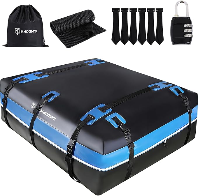Rooftop Cargo Carrier, 22 Cubic Ft Car Roof Cargo Carrier for All Vehicles, 840D Waterproof Car Top Carrier with Anti-Slip Mat, 6 Hooks, Storage Bag,Zipper Lock for Tripping & Moving - Blue