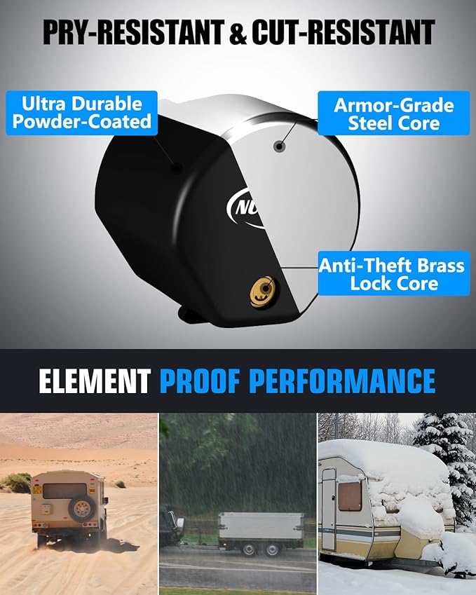Heavy Duty Anti Theft Trailer Lock, Universal Fit 1-7/8", 2" and 2-5/16" Couplers, Reinforced Solid Steel Tow Lock for Trailer Tongue, Hitch Lock for RV, Cargo, Boat, Camper, Utility (Black)