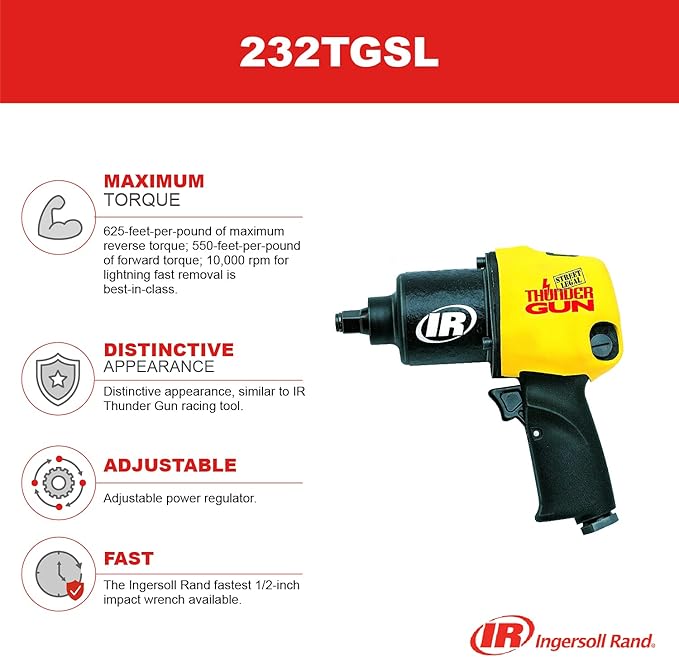 Ingersoll Rand 232TGSL 1/2" Air Impact Wrench, 625 ft-lbs Max Torque, Super Duty, Pistol Grip