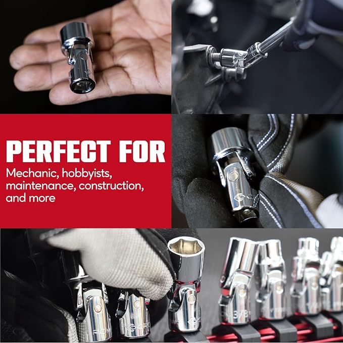 CROM Universal Flex Socket Set - 6-Point Swivel Socket Set - Swivel Joint for Easier Access to Tight Spaces - Aluminum Socket Storage Rail Included (1/4" Dr. 7PCS SAE SET)