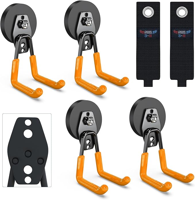 3-H Magnetic Hooks Heavy Duty, Magnet Garage Hooks Heavy Duty and Strong Utility Magnetic Tool Holde for Hanging and organizing Large Power Tool, Ladder, 2.6" Strong Magnetic Orange(4Pack)