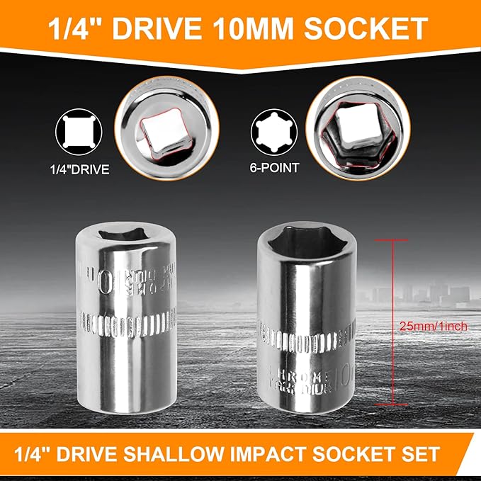 Utoolmart 1/4" Drive 10mm Socket, Shallow Socket Set, for General Repairs, 6-Point, Metric, Cr-V, 12pcs