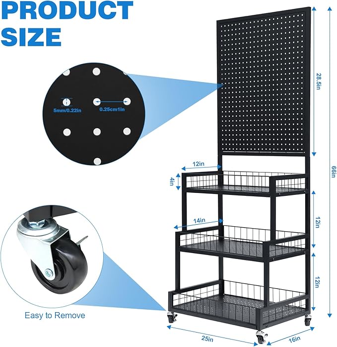 NectaCol Pegboard Panels, 3-Tiers Metal Pegboard Display Stand with Peg Board Panel, Standing Pegboard Display Rack, Craft Show Display, Art Display and Retail Display Stand with 10 Hooks - Black