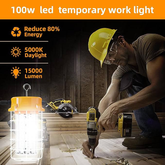 LED Temporary Work Light 100W 15000Lm 5000K Daylight White High Bay led Construction Light with Hook Portable Linkable Durable LED Job Site Lighting for Damp Location Indoor Outdoor Area Lighting