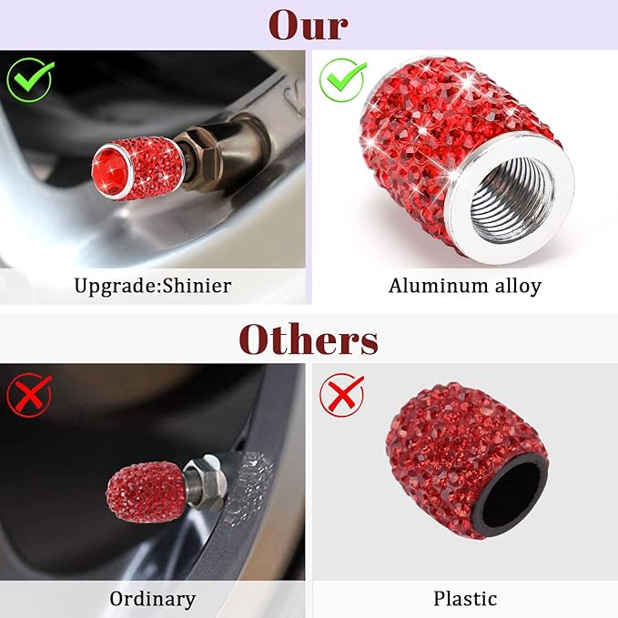 ToBeQueen Bling Tire Valve Caps Red, 4 Pack Handmade Crystal Rhinestone Valve Stem Covers Universal Dustproof Bling Car Accessories for Car/SUV/Motorcycle/Bike(Red)