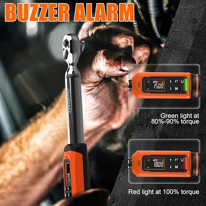 Digital Torque Wrench, 3/8 Drive Electronic Torque Wrench with Preset Value(1.5-99.5 Ft-lbs./2-135Nm), Buzzer and LED Flash Five Units of Measure for Bike Motorcycle Car
