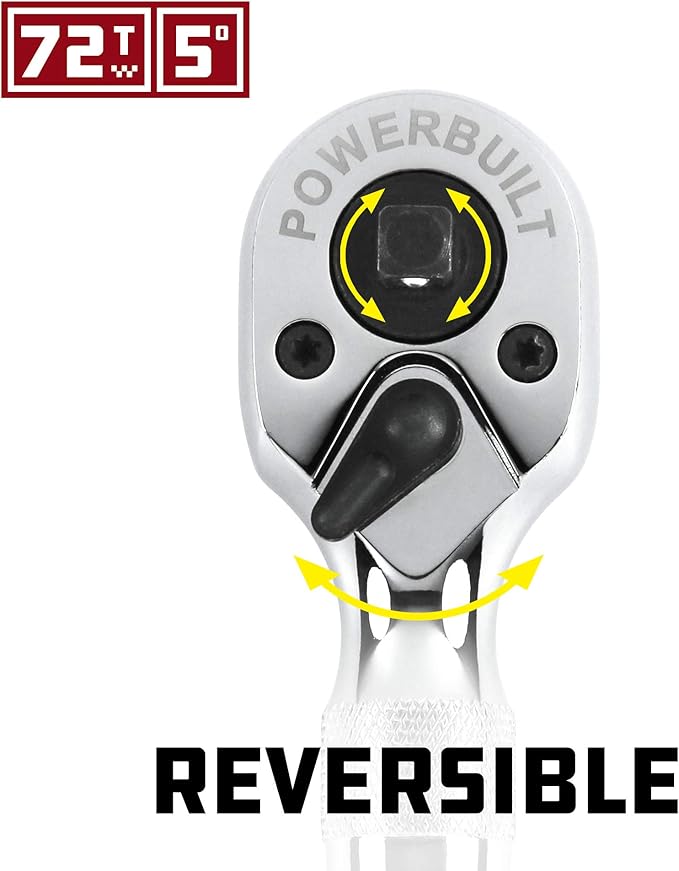 Powerbuilt Stubby 1/4-Inch and 3/8-Inch Dual Drive Ratchet Handle, 72 Tooth, Mini Ratchet Wrench, Chrome-Vanadium Steel Construction, Mirror Polish Finish, Reversible Direction Head - 940931