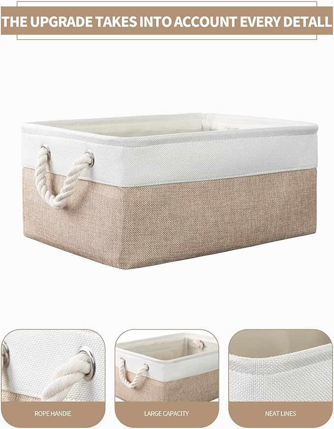 8 Pack Storage Basket Bins - Decorative Baskets Bulk Storage Box Cubes Containers with Handles for Clothes Storage Bathroom, Garage, Books, Home, Office, 13.7L x 9.8W x 6.7H (White&beige)