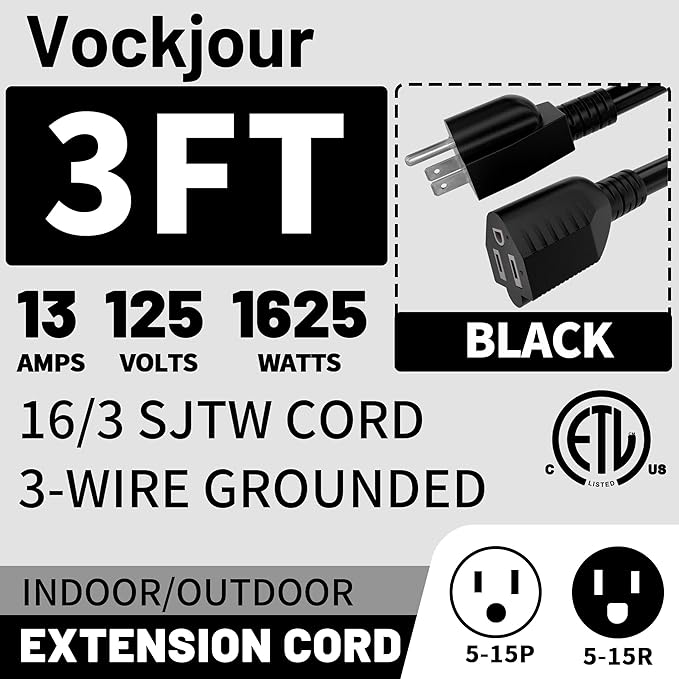 16/3 Black Indoor Outdoor Extension Cord 3 Ft 2 Pack Waterproof, Extension Cord with 3 Prong Grounded Plug,13A 1625W 16AWG SJTW, Flexible Weatherproof Power Cable