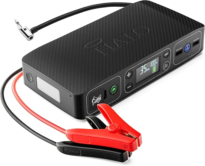 HALO Bolt Air 58830 Portable Car Battery Jump Starter | 100 PSI Air Compressor, 58.8Wh USB Power Bank, Emergency Floodlight & Charger, Jumps Cars SUVs & Trucks, Inflates Tires, TSA Approved — Black