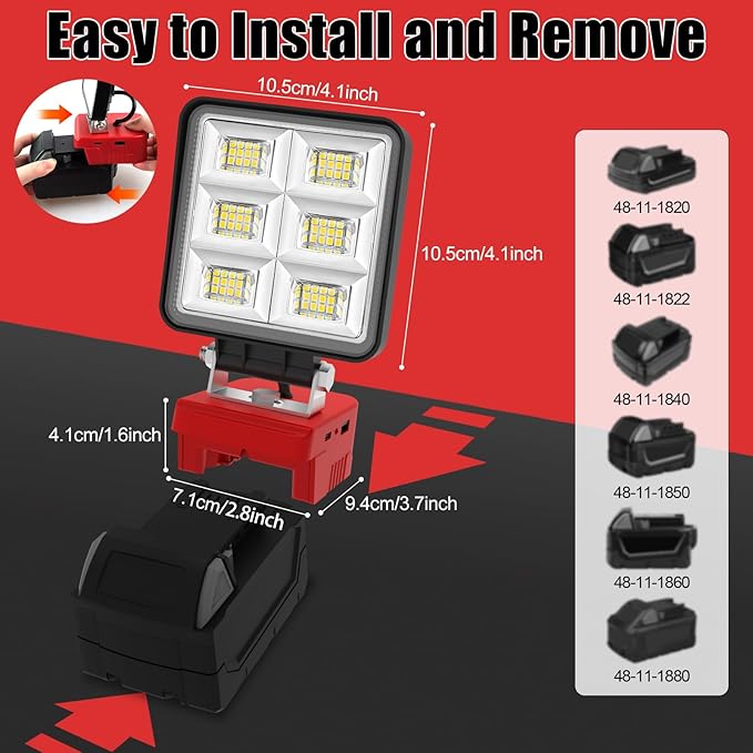 LED Work Light Compatible with Milwaukee 18V Battery, T-SUNiceM 5200LM Flashlight, 18V Battery Cordless Work Light 140°Adjustable with Low Voltage Protection for Outdoors and Job Site Lighting