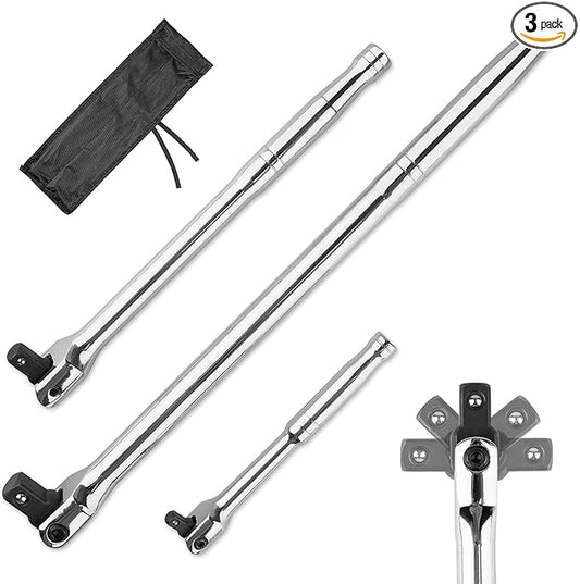 3PCS Breaker Bar Set, 3/8'', 1/4in, 1/2inch Breaker Bars with 180°Rotatable Head, Heavy Duty Breaker Bar Kit with 15 inch, 10 inch, 6 inch Length for Automobile and Motorcycle Maintenance and Repair