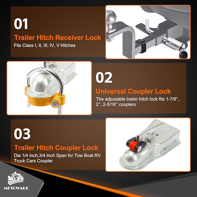 METOWARE Keyed Alike Trailer Lock Set: Universal Trailer Coupler Lock, 2 Dual Bent Pin Trailer Hitch Locks (1/2" & 5/8") and Trailer Tongue Lock - 3-Piece Anti-Theft Towing Security Kit, Yellow