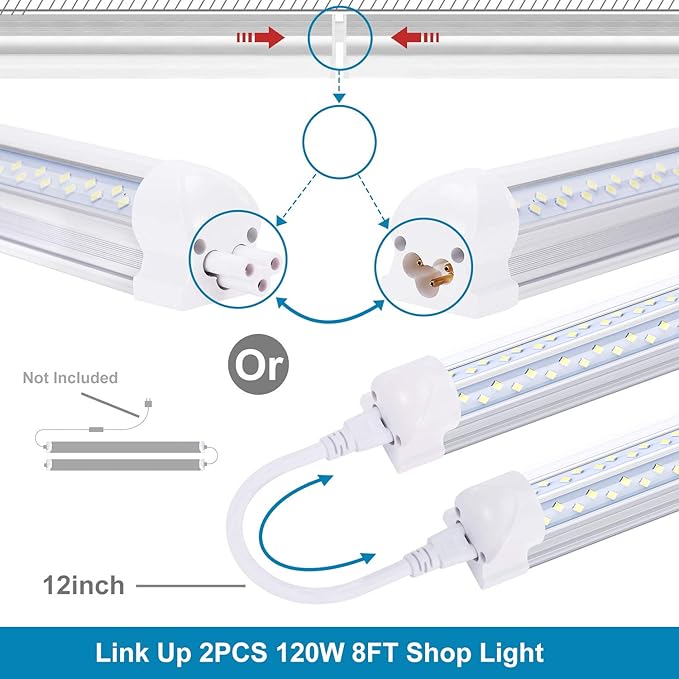 8FT LED Shop Light (25-Pack) - 120W, 14400LM, 6000K Cold White, V-Shape Clear Cover - High Output T8 Linkable Tube Lights, Plug & Play for Garage, Warehouse, Workshop