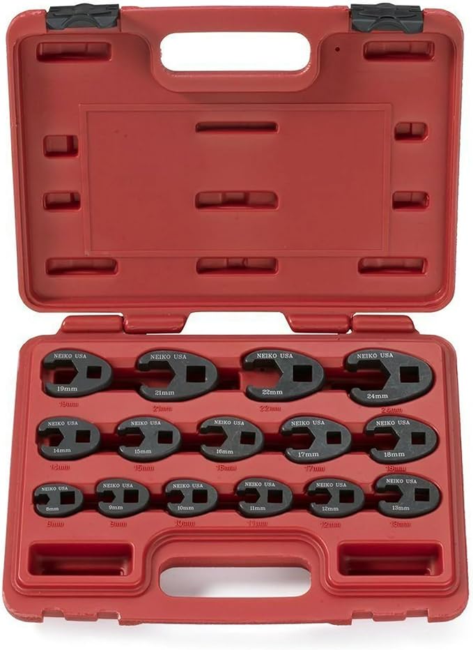 Neiko 03324A Crowfoot Wrench Set 1/2" and 3/8” Drive, 15 Piece, Metric Crows Foot Wrench Sizes 8mm-24mm, Chrome-Moly Flare Nut Wrench Set