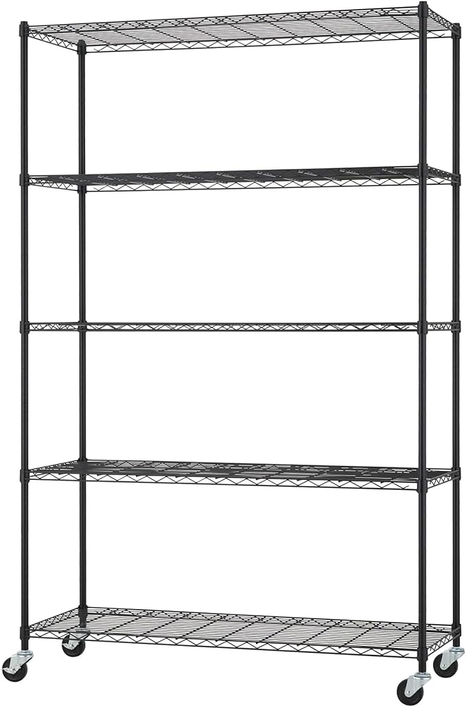 5-Tier Adjustable Wire Shelving with Wheels, Wire Shelf Rack for Kitchen Organization, Garage Storage, 400 to 2000 Pound Capacity, NSF Certified, 48” x 18” x 72”, Black
