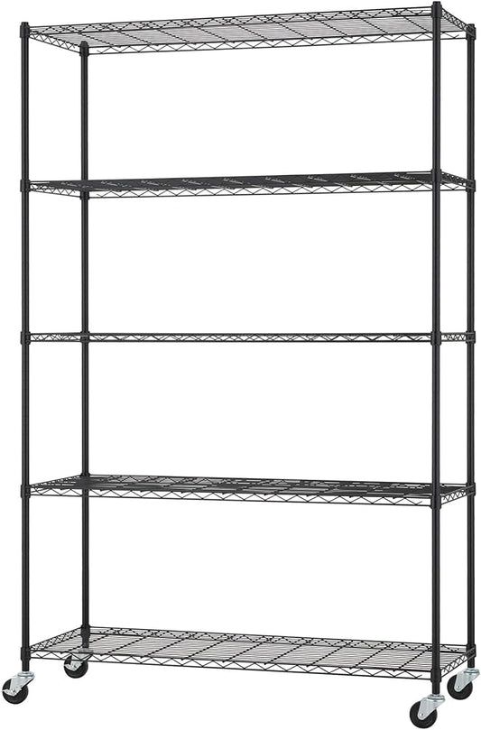 5-Tier Adjustable Wire Shelving with Wheels, Wire Shelf Rack for Kitchen Organization, Garage Storage, 400 to 2000 Pound Capacity, NSF Certified, 48” x 18” x 72”, Black