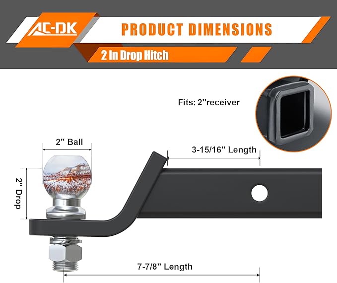 AC-DK Trailer Hitch Ball Mount for 2 inch Receiver,2 inch Drop Hitch,with 2-Inch Ball,7,500 lbs Capacity Ball Hitch, 750lbs Tongue Weight,Includes Hitch Pin